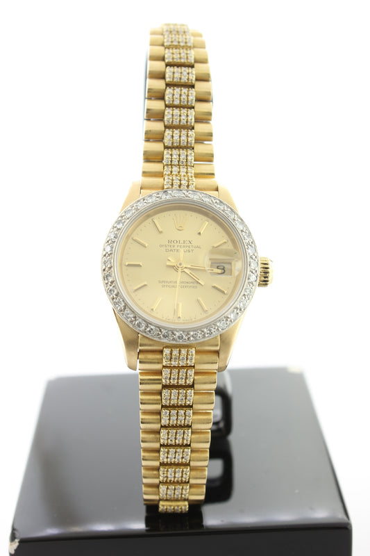 Rolex Ladies President Solid 18K Yellow Gold Champagne Dial Diamonds 69178 26mm - Arnik Jewellers