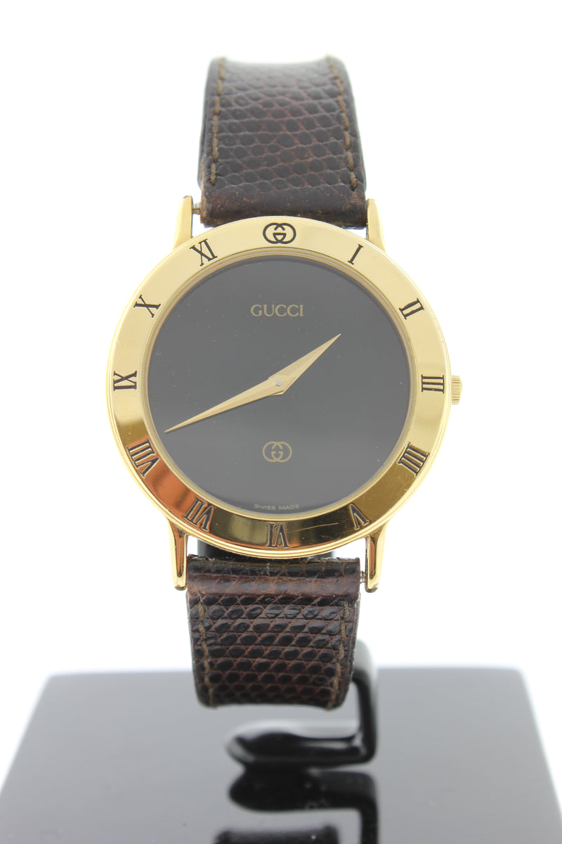 Gucci 3000M Gold Plated Swiss Quartz Black Dial Roman Index Bezel 33mm