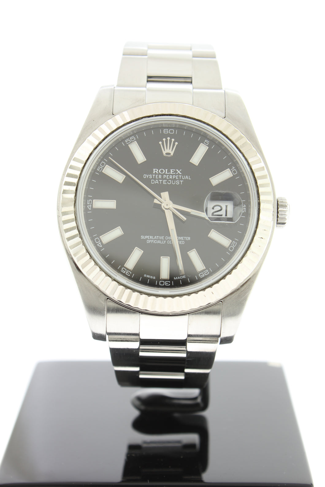 Rolex Datejust II Stainless Steel Oyster Black Dial 18K White Gold Fluted Bezel 41mm 116334 - Arnik Jewellers