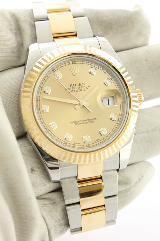 Rolex Datejust II 18K Yellow Gold & Stainless Steel Champagne Diamond Dial 41mm Oyster 116333 - Arnik Jewellers