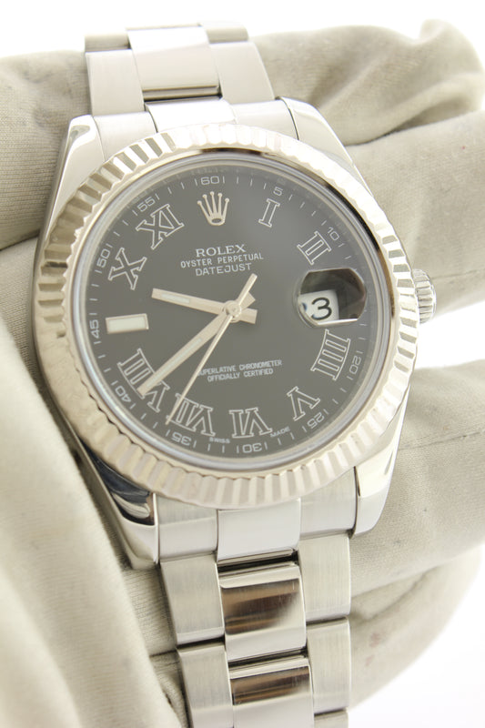 Rolex Datejust II Stainless Steel Oyster Charcoal Roman Dial 18K White Gold Fluted Bezel 41mm 116334 - Arnik Jewellers