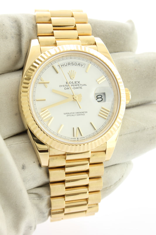 Rolex Day Date 40mm President Solid 18K Yellow Gold White Roman Dial 228238 - Arnik Jewellers