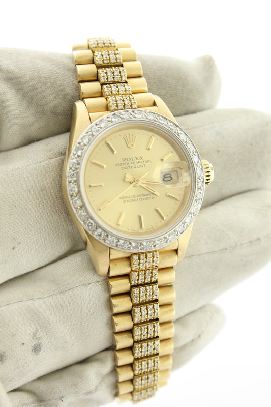 Rolex Ladies President Solid 18K Yellow Gold Champagne Dial Diamonds 69178 26mm - Arnik Jewellers