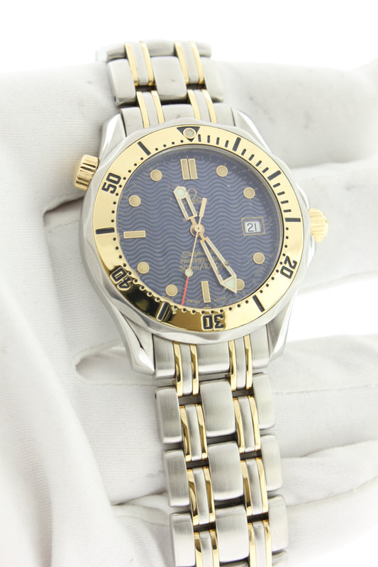 Omega Seamaster 300 Chronometer 18K Yellow Gold & Steel Blue Wave Dial 2342.80.00 - Arnik Jewellers