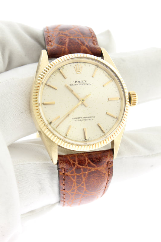 Rolex 14K Yellow Gold Oyster Perpetual 34mm Automatic Champagne Dial 1005 - Arnik Jewellers