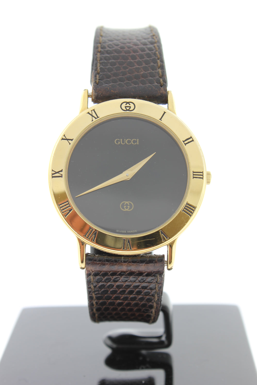 Gucci 3000M Gold Plated Swiss Quartz Black Dial Roman Index Bezel 33mm - Arnik Jewellers