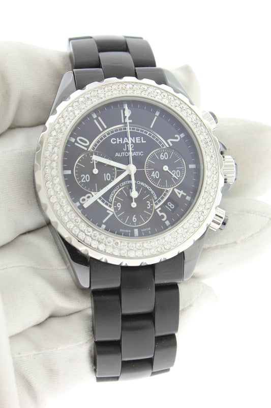 Chanel J-12 41mm Chronograph Automatic Black Ceramic Diamond Bezel H1009 - Arnik Jewellers