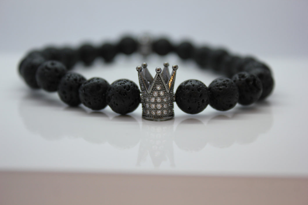 Black Lava with Silver Crown Bead Bracelet - Arnik Jewellers