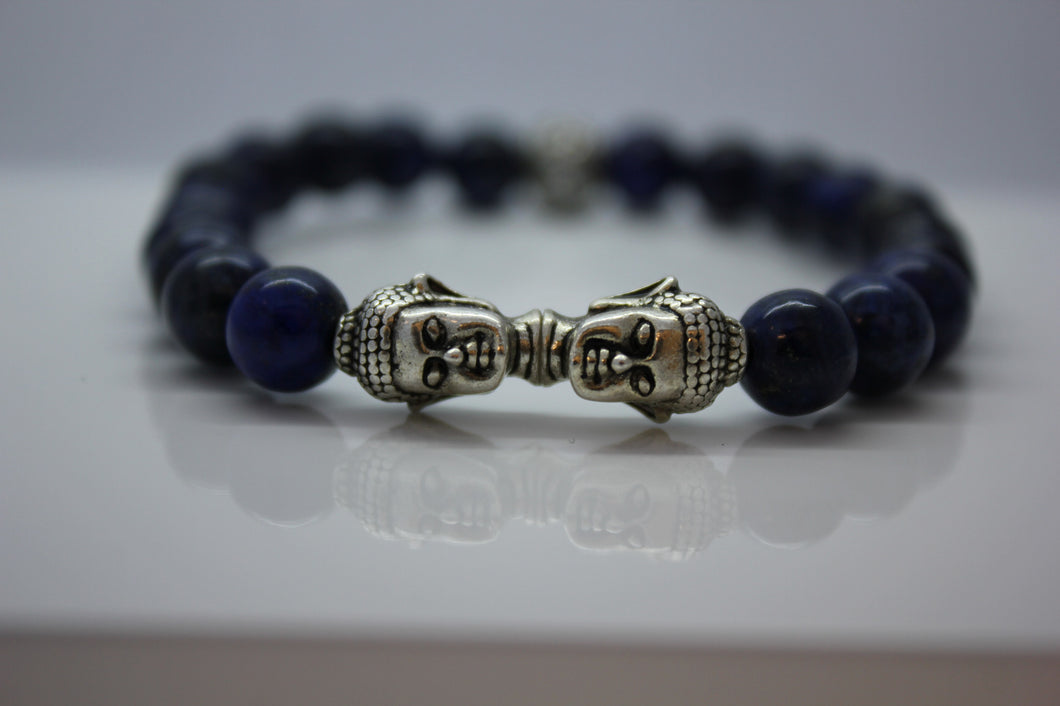 Lapis Lazuli with Double Silver Buddha Head Bead Bracelet - Arnik Jewellers