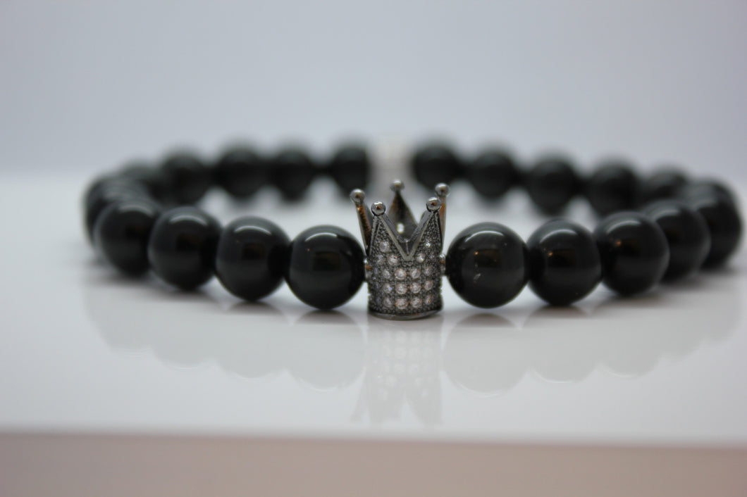Black Obsidian with Silver Crown Bead Bracelet - Arnik Jewellers