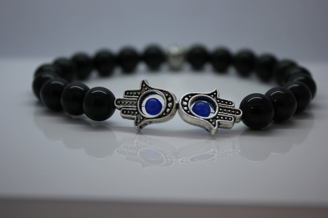 Black Obsidian with Double Hamza Hand Bead Bracelet - Arnik Jewellers