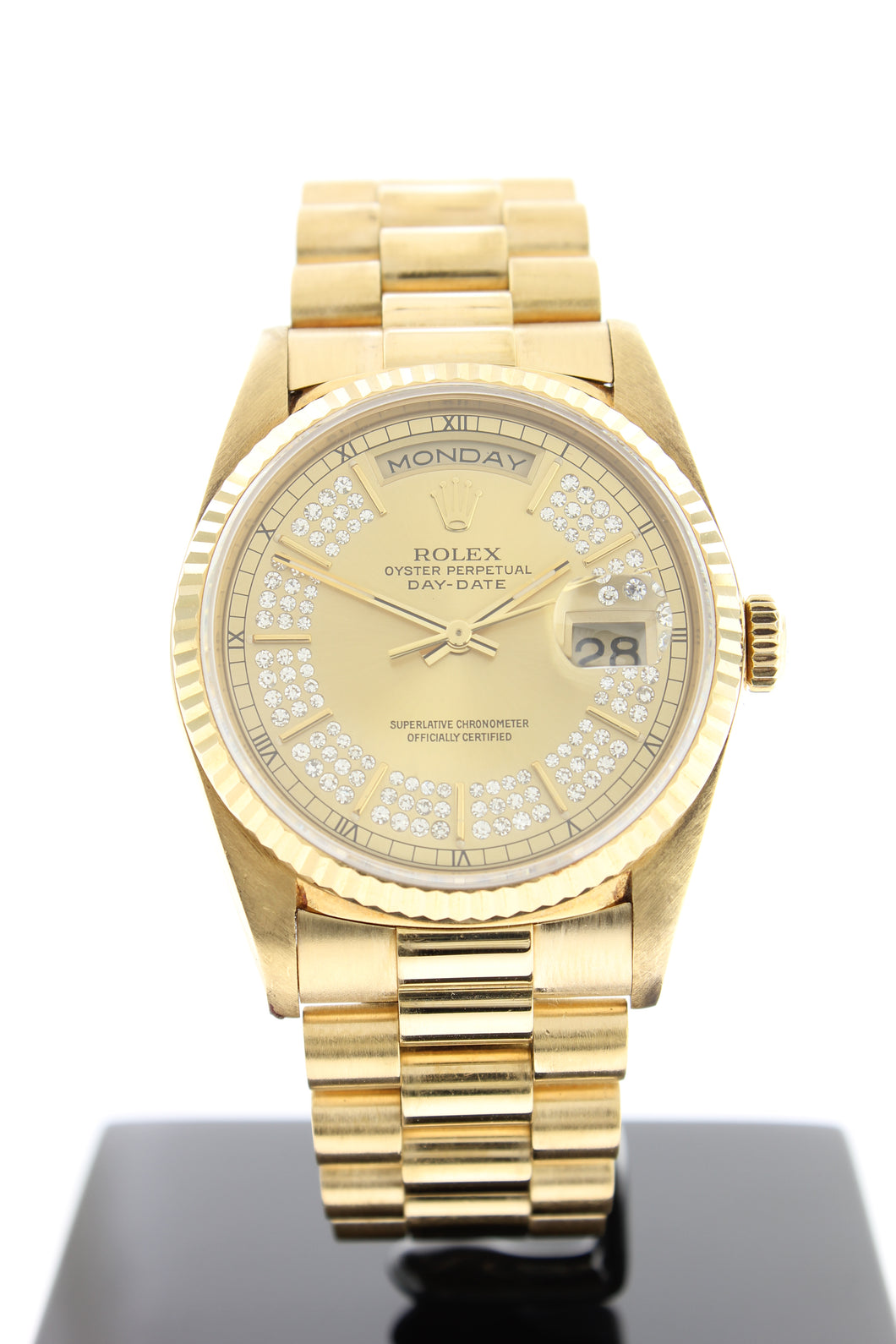 Rolex Day Date President 18K Yellow Gold Champagne Triple Diamond String Dial 18238 - Arnik Jewellers
