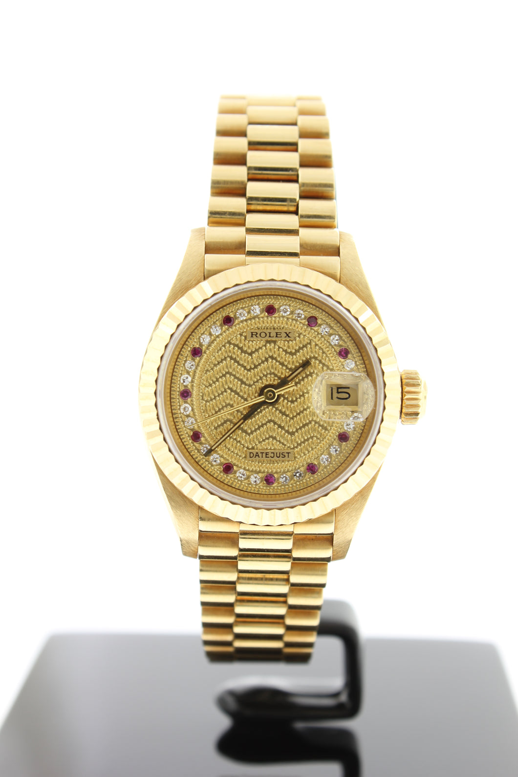 Rolex Ladies President Solid 18K Yellow Gold Champagne String Diamond Rubies Dial 69178 26mm - Arnik Jewellers
