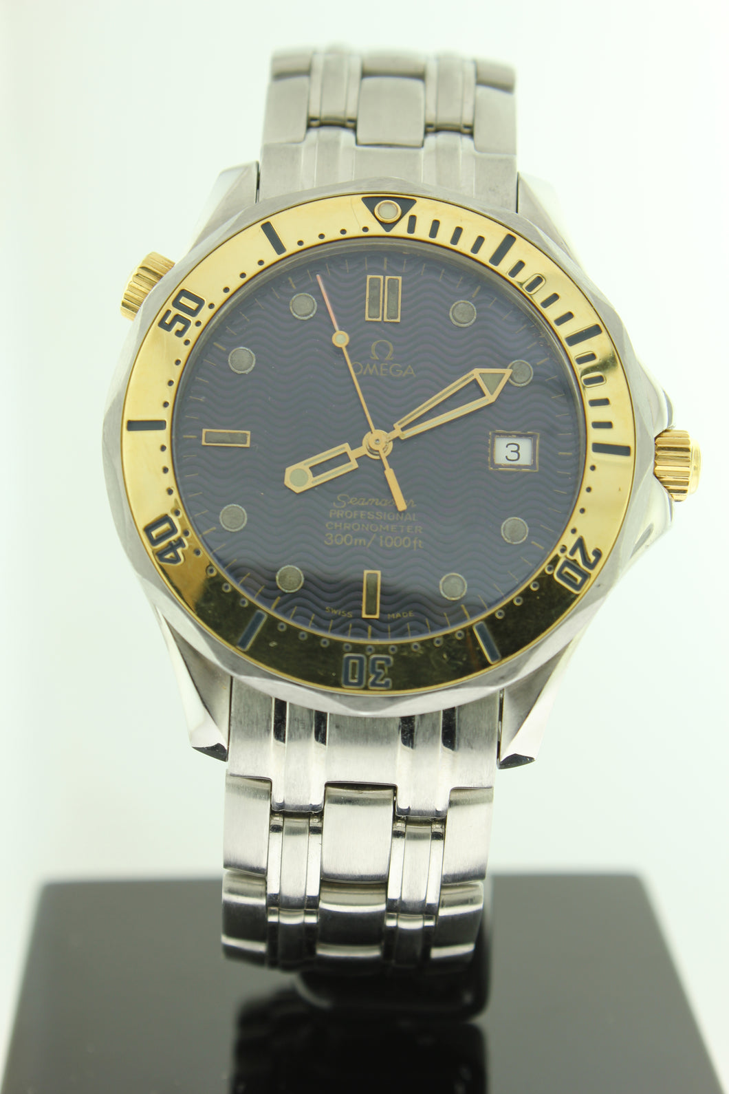 Omega Seamaster 300 41mm Chronometer 18K Yellow Gold & Steel Blue Wave Dial 2332.80.00 - Arnik Jewellers